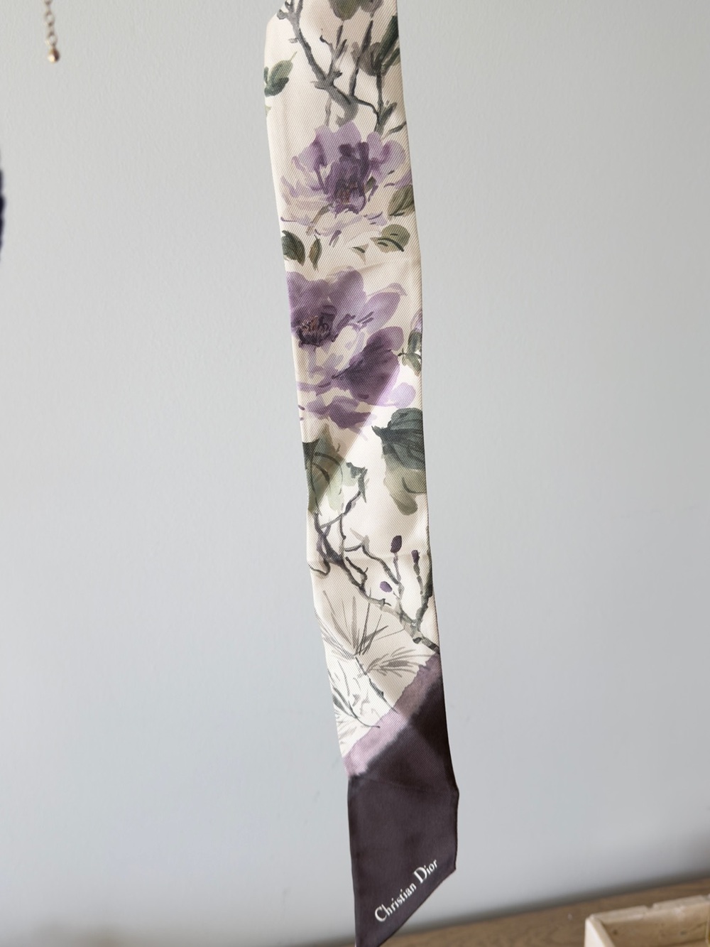 Dior Lavender Floral Silk Twilly with Logo Stripe - Picture 4 of 5